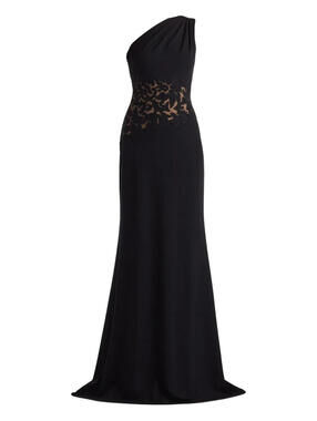 New, Tadashi Shoji One Shoulder Lace Inset Crepe Gown in Black/Nude Sz 4 #LD276